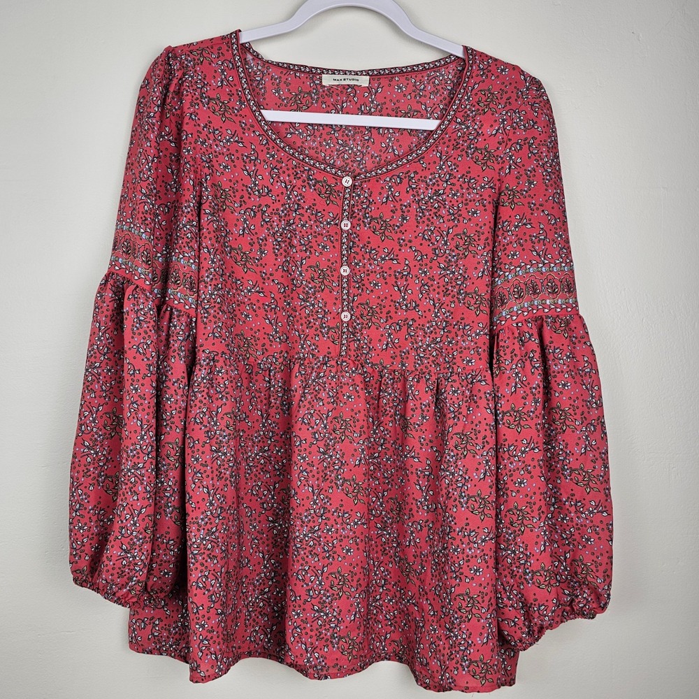 Red Floral Peasant Boho Balloon Sleeve Max Studio Blouse Womens Small